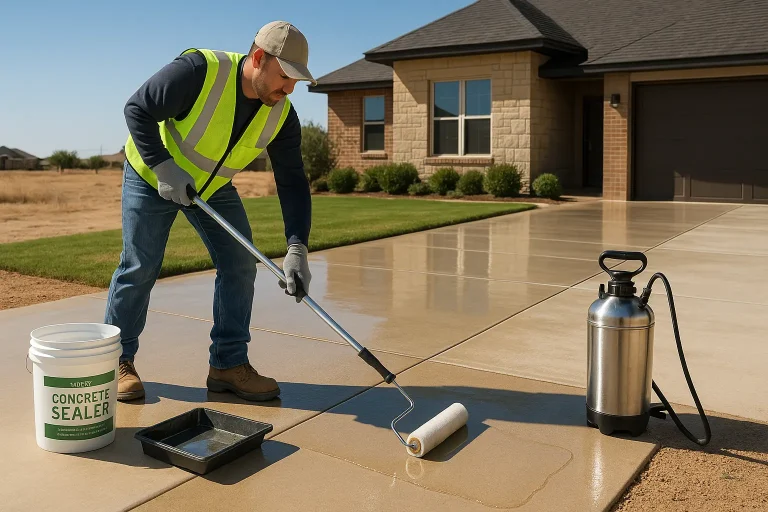 Professional contractor applying eco-friendly concrete sealer to a clean driveway in sunny Lubbock, TX neighborhood.