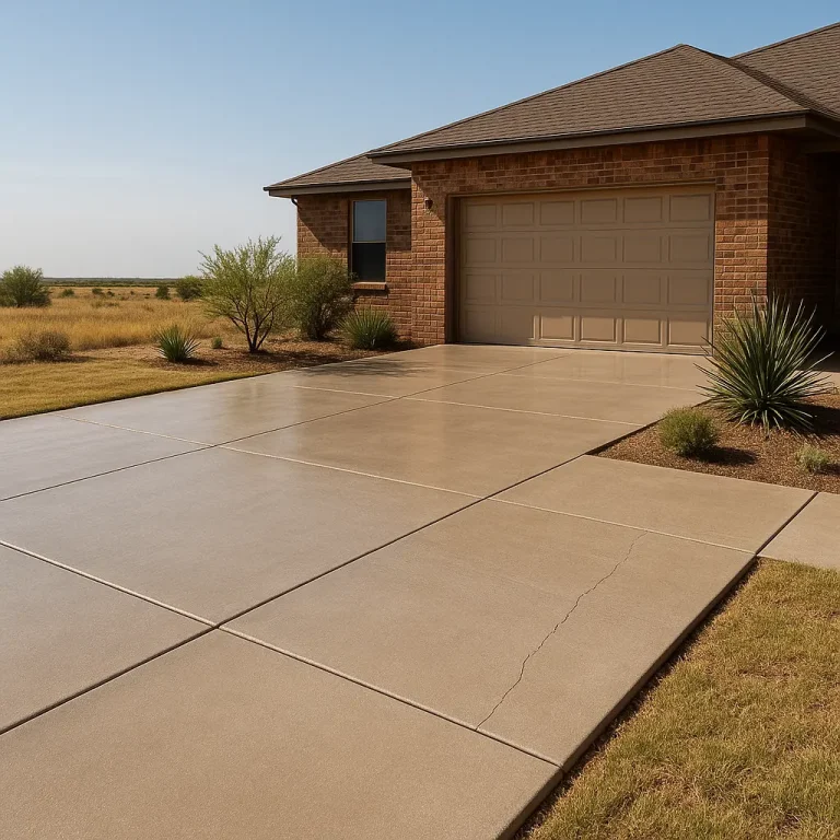 Maintained concrete driveway in Lubbock TX with sealed surface and repaired crack under sunny May 2025 sky