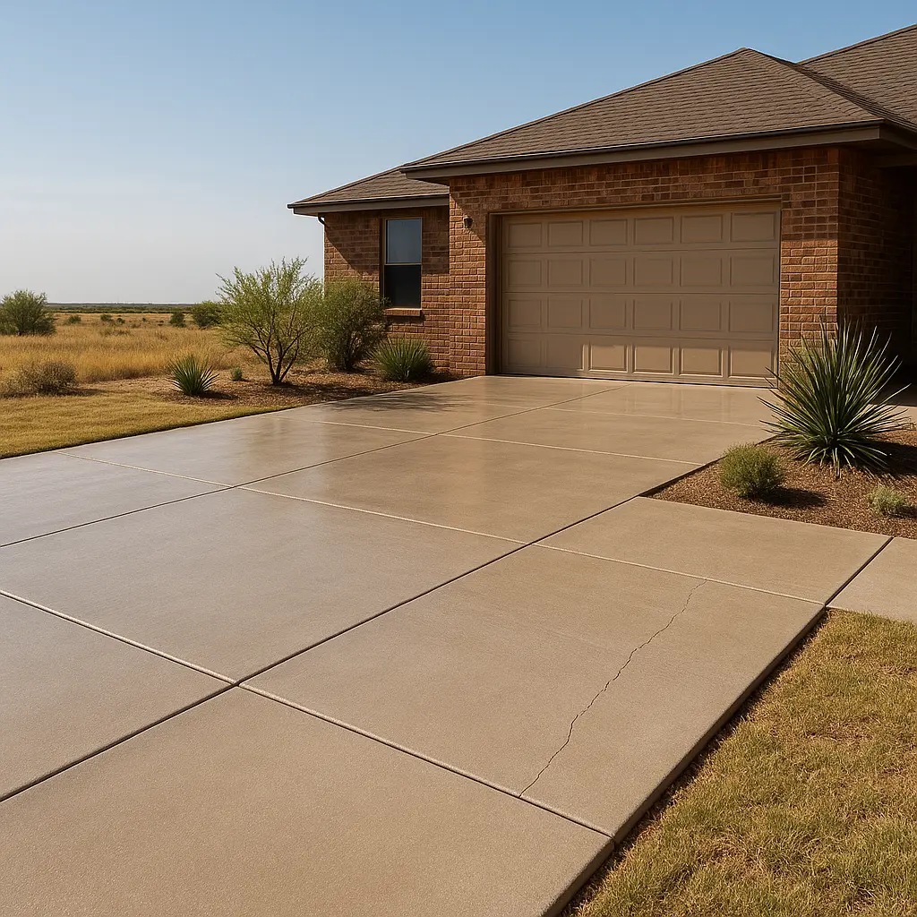 Maintained concrete driveway in Lubbock TX with sealed surface and repaired crack under sunny May 2025 sky