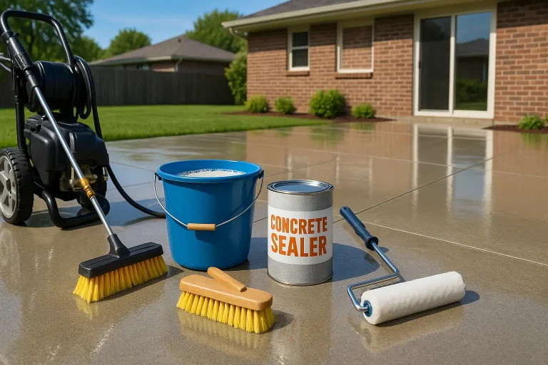Clean and seal concrete patio tools on a freshly maintained outdoor surface