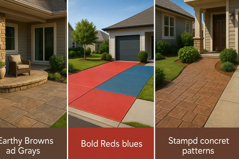 Choosing concrete color 2025: colored concrete options with earthy tones, bold colors, and stamped patterns for curb appeal