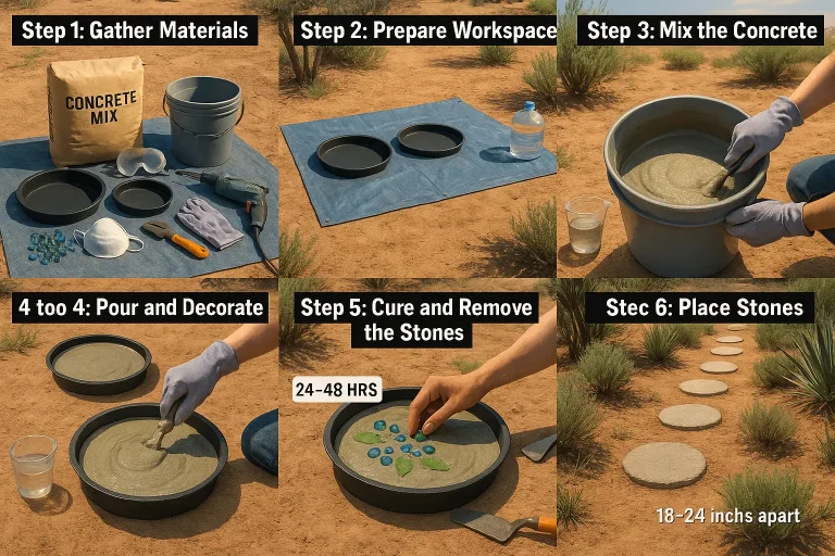 Six steps to make DIY concrete stepping stones in a Lubbock, Texas garden with labeled graphics, including gathering materials, preparing the workspace, mixing concrete, pouring and decorating molds, curing and removing stones, and placing them in a path.