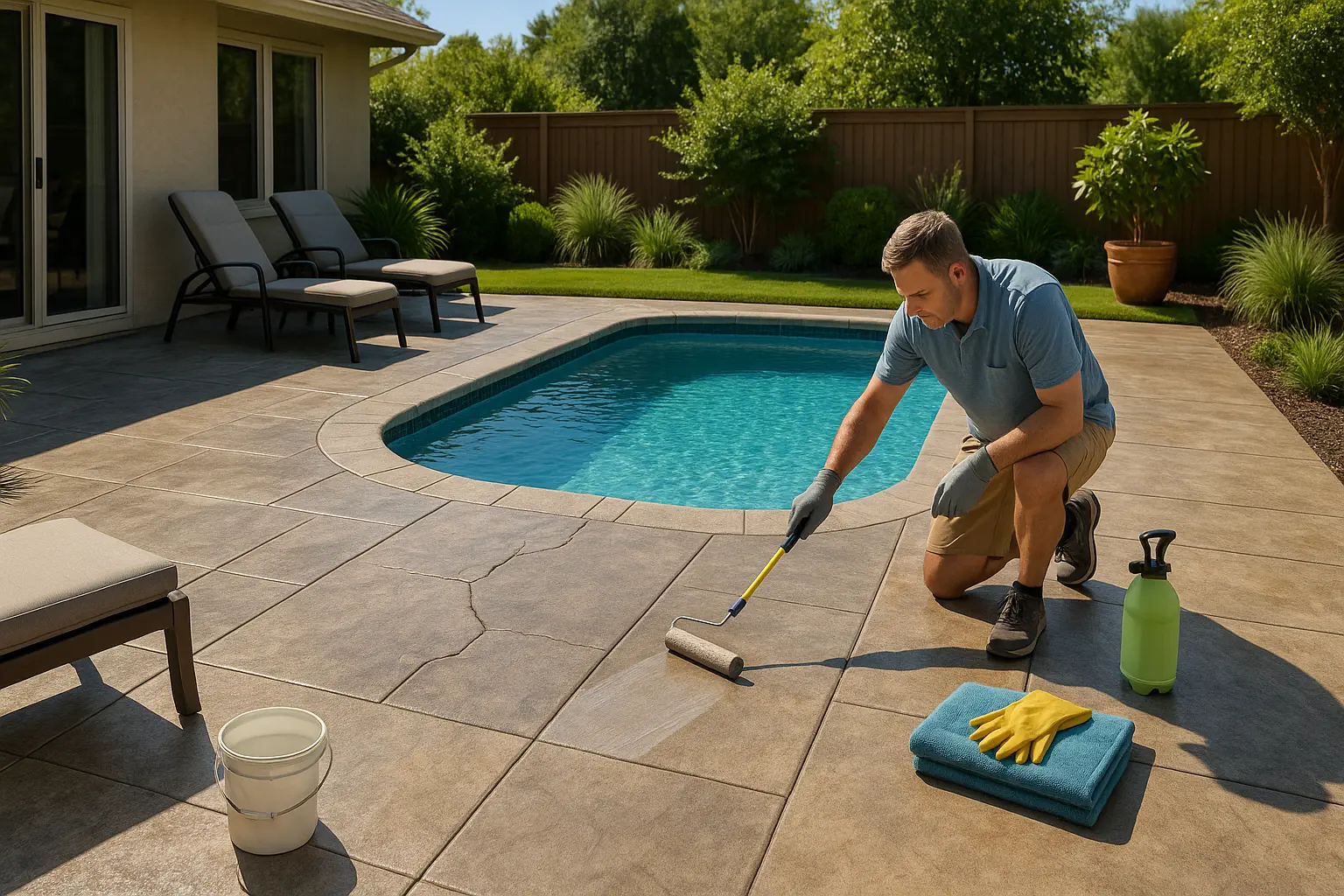Concrete pool deck maintenance 2025: pool deck care with cleaning, sealing, and crack repair.