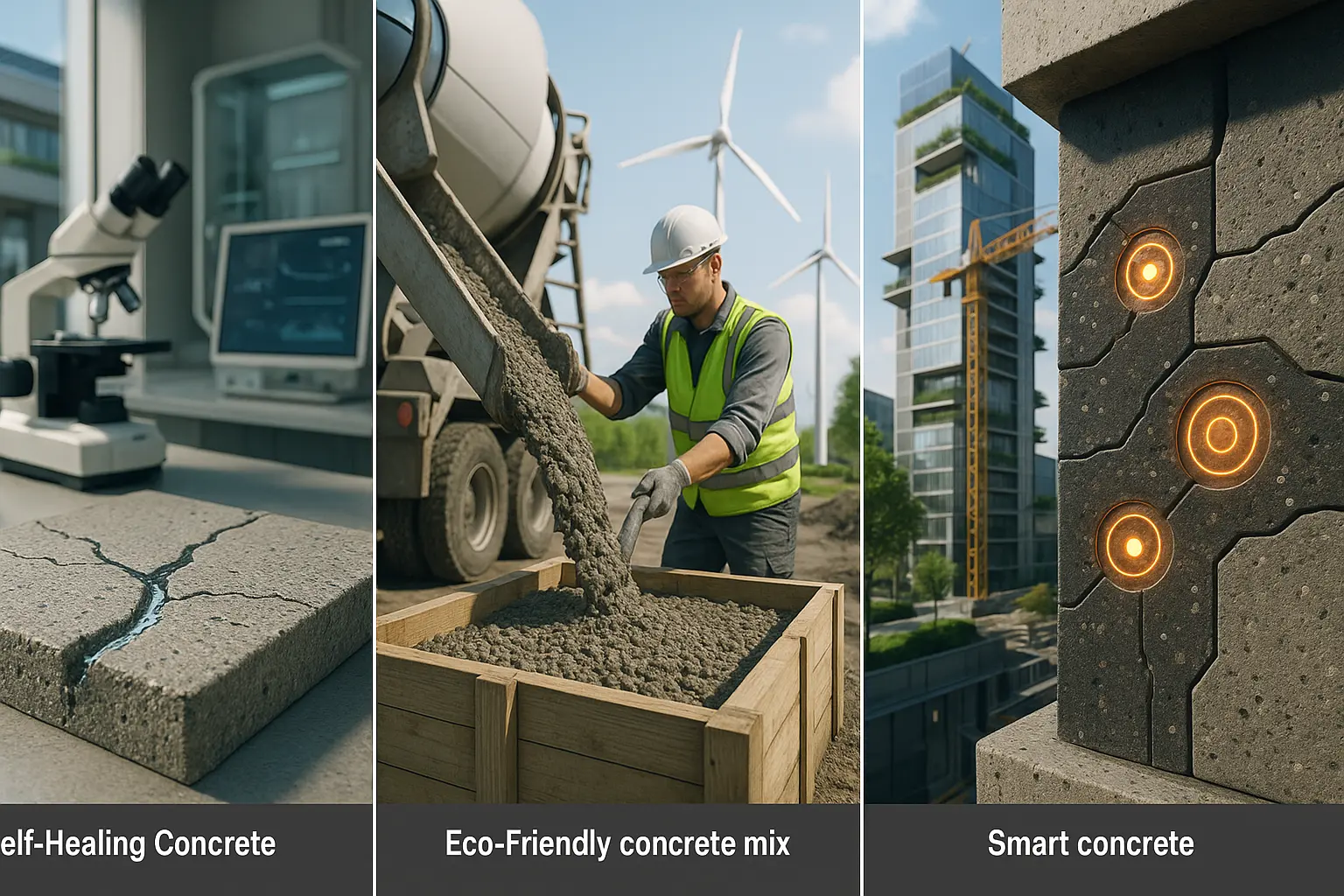 New concrete technologies 2025: self-healing concrete, eco-friendly mixes, and smart concrete innovations in a futuristic setting
