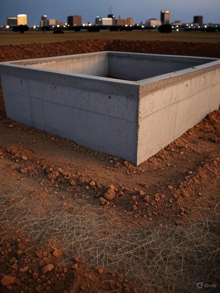 Concrete foundations Lubbock TX 2025: sturdy foundation with Lubbock skyline, showcasing stability and resilience against local climate challenges.